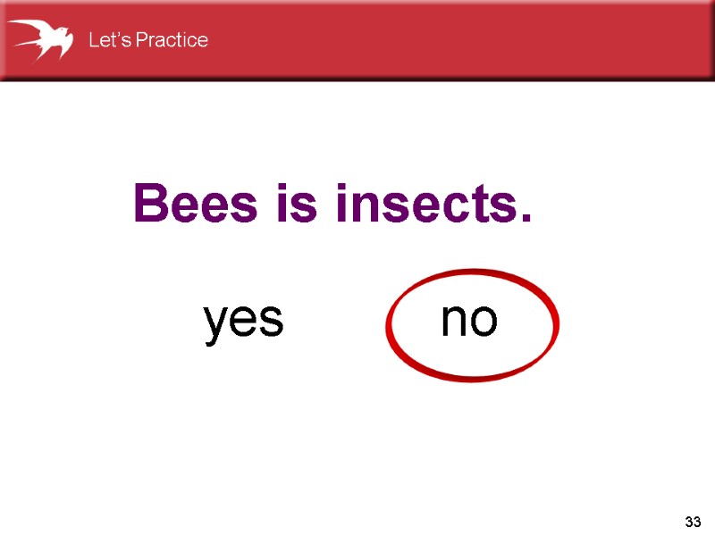 33 Bees is insects.    yes no Let’s Practice